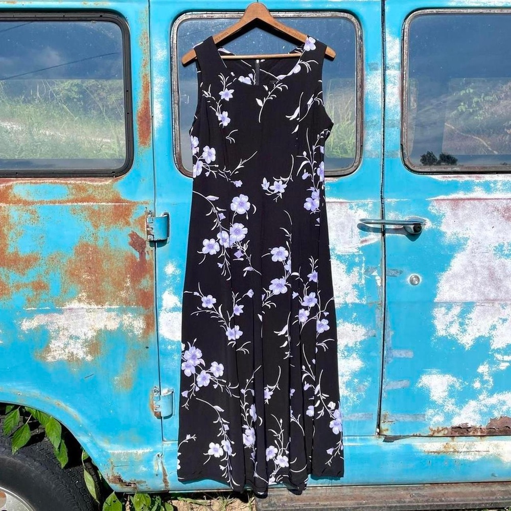 90s cimmaron black 100% rayon sleeveless sheath dress romantic purple flowers